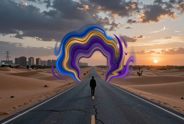 Man Walking Toward Surreal Colorful Portal Over Desert Road During Sunset Near City