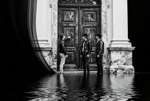 Three men in leather jackets stand before an ornate door, reflected in a water-like surface, against a grand architectural backdrop.