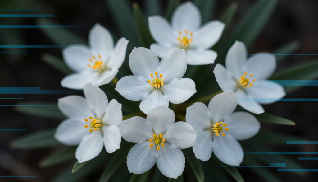 White Blossoms with Digital Overlay and Green Foliage Close-Up