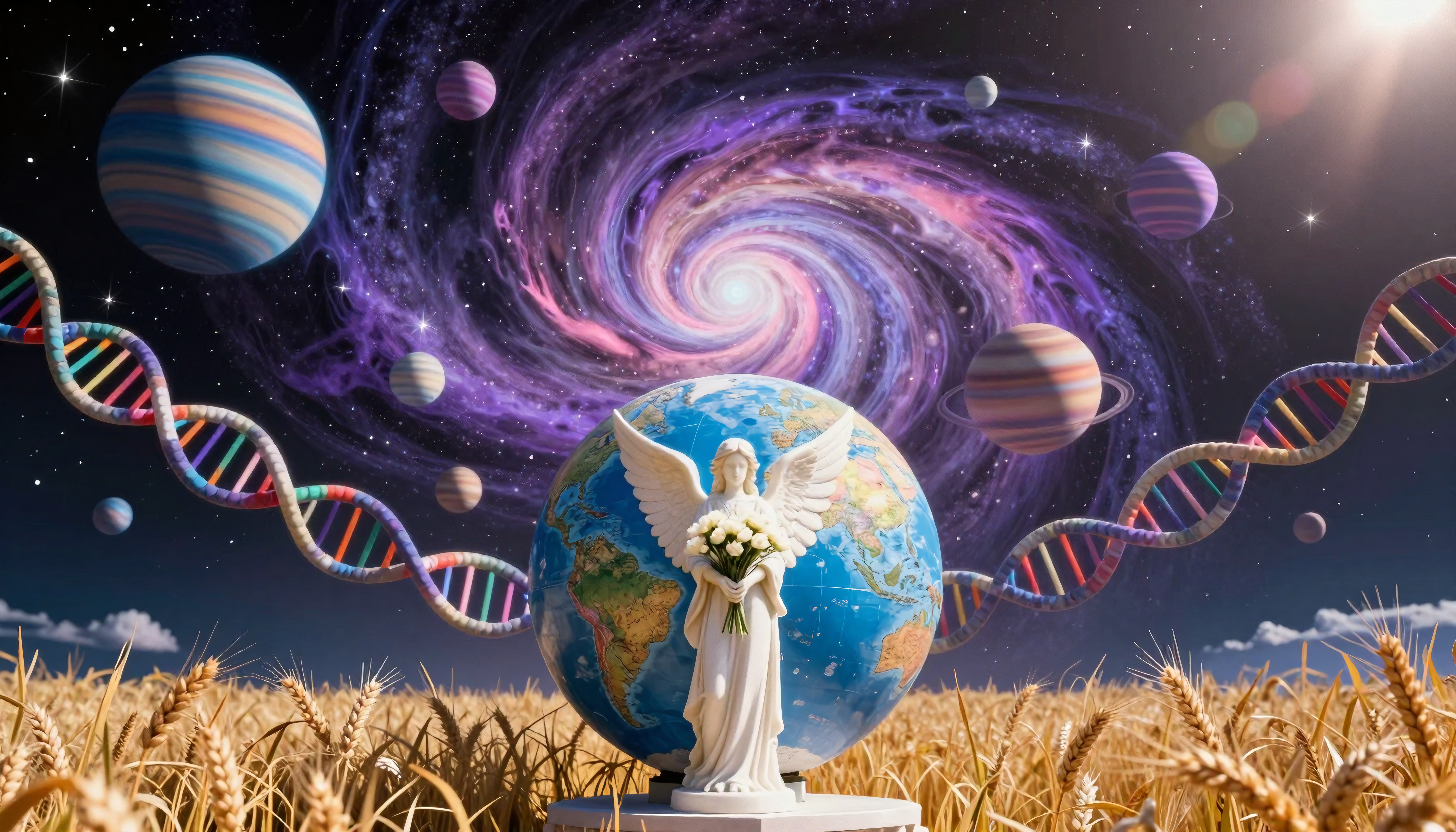 Angel Statue with Globe, DNA and Cosmic Elements