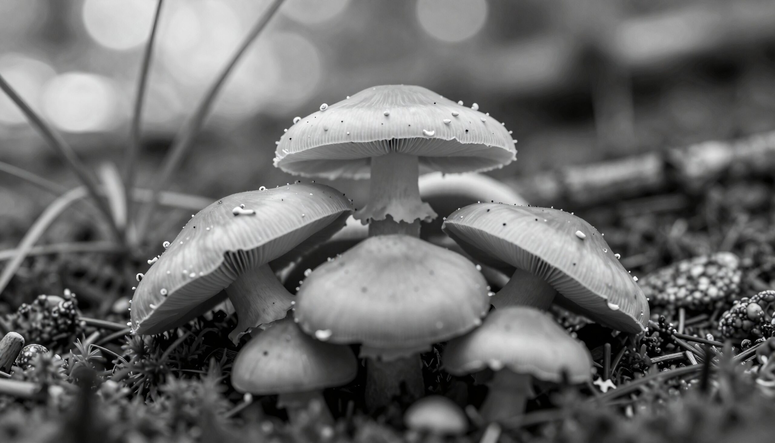 Monochrome Mushrooms with Dewdrops