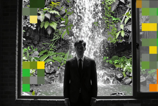 Businessman stares through pixelated jungle waterfall window