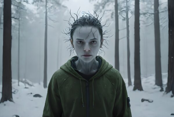A mysterious figure with otherworldly appearance stands in a foggy, snowy forest, creating an eerie and suspenseful atmosphere.