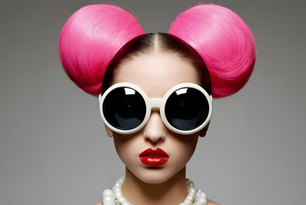 A woman with vibrant pink hair, large white sunglasses, red lipstick, and a pearl necklace in a striking fashion portrait.