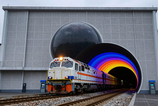 olorful train emerging from rainbow-lit tunnel at futuristic station