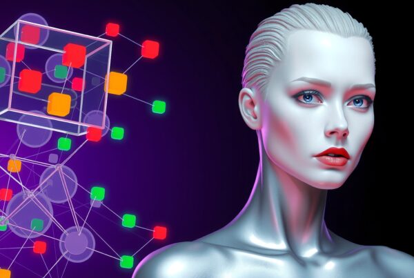 Futuristic digital figure with geometric cubes.