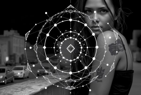 A young woman with a tattoo stands beneath a geometric pattern overlay on a city sidewalk at night.