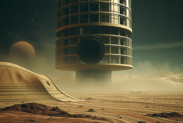 Futuristic alien tower standing alone in barren desert under starry sky near giant planet