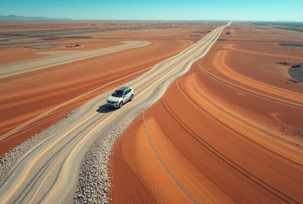 A solitary car travels on a gravel road through a vast desert landscape, highlighting the stunning contrast of white and red.
