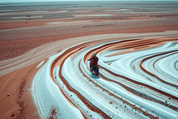 A motorcycle riding through colorful desert dunes.