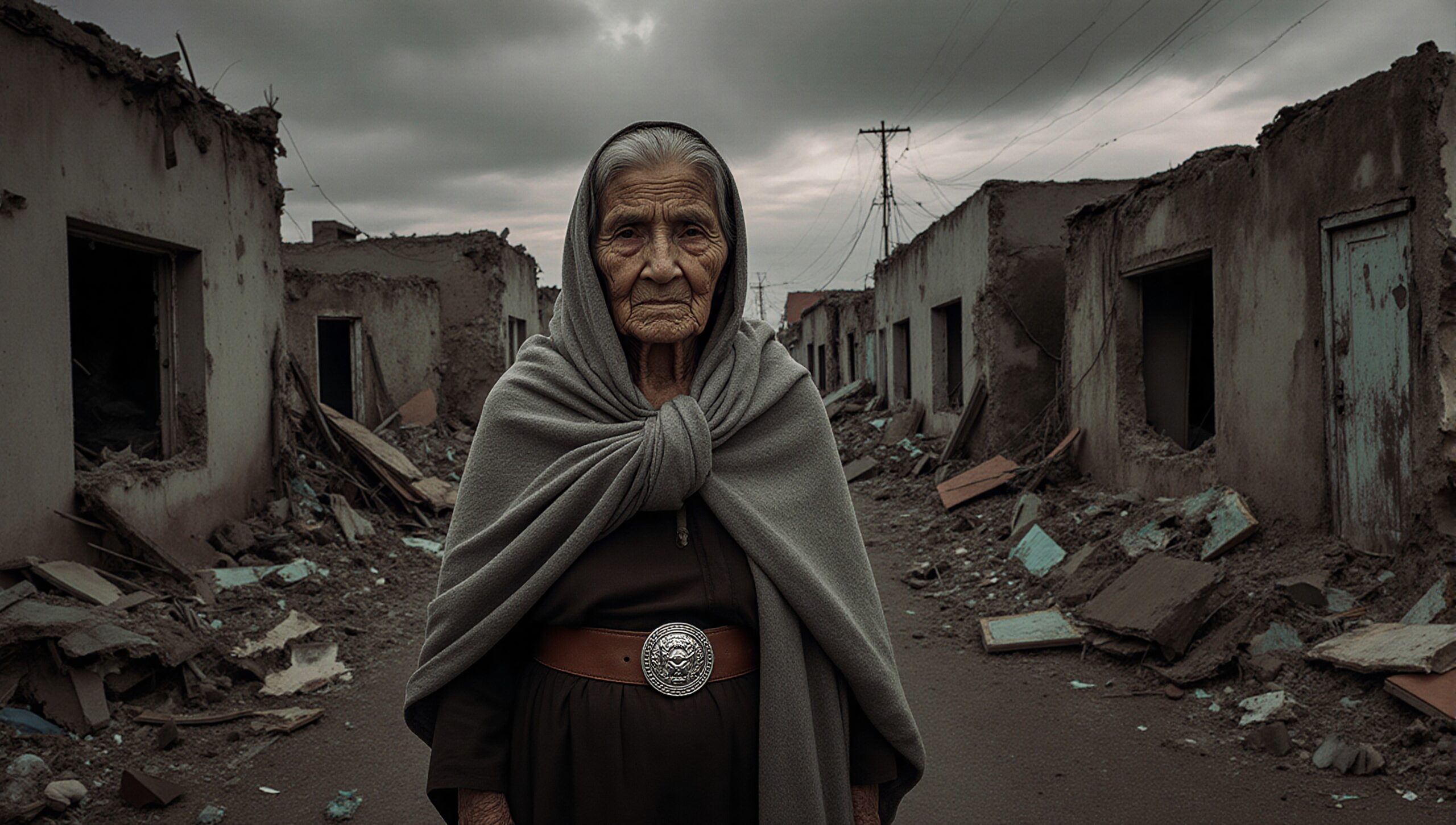 Elderly Woman Amidst Urban Ruins