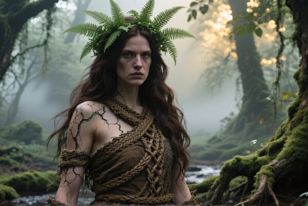 A mystical woman stands in a forest, adorned with ferns and woven attire, surrounded by sunlight and mist.