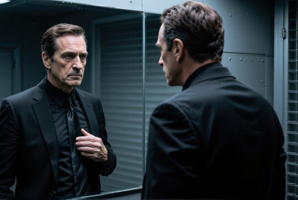A man in a suit looks thoughtfully into a mirror in a dim, industrially styled room.