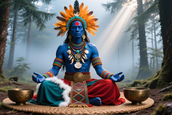 A person meditates in a mystical forest setting, adorned with a colorful headdress and jewelry, surrounded by sunlight and nature.