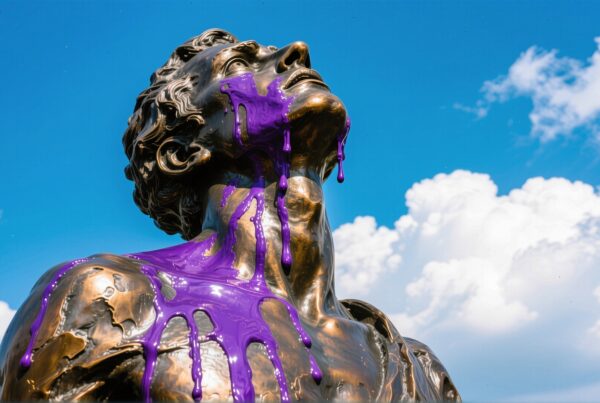 Bronze statue covered in vibrant purple paint dripping downward under clear blue skies with puffy clouds