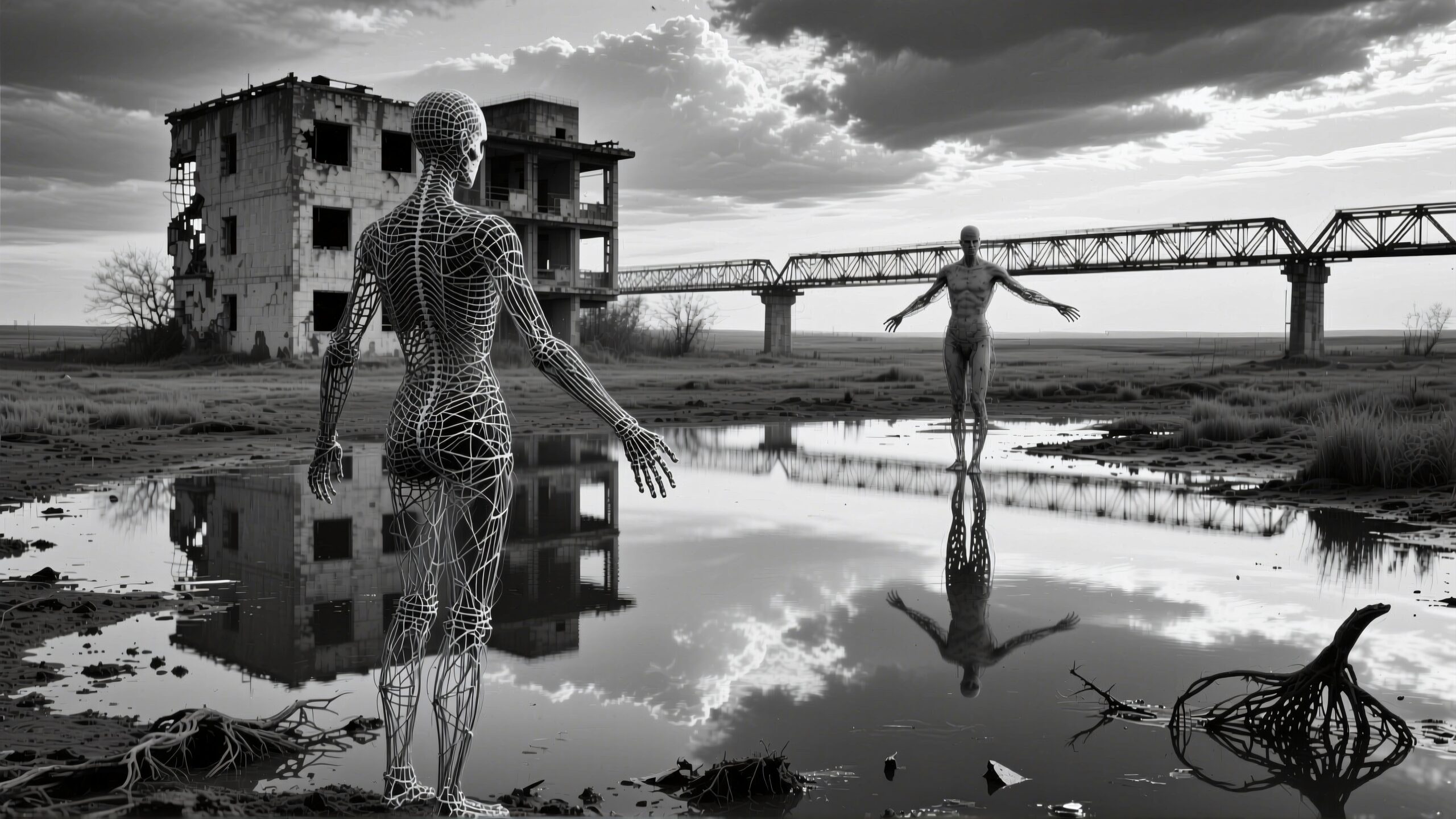 Wireframe beings in desolate landscape