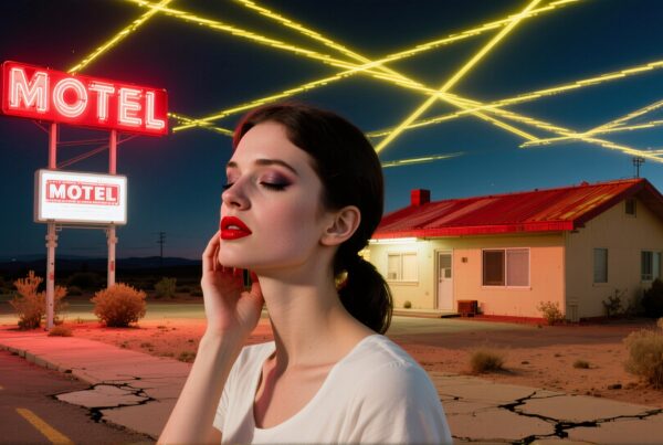 A serene woman at dusk near a neon-lit motel with beams crossing a clear sky.