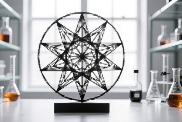 Geometric string art piece on laboratory table with scientific backdrop.