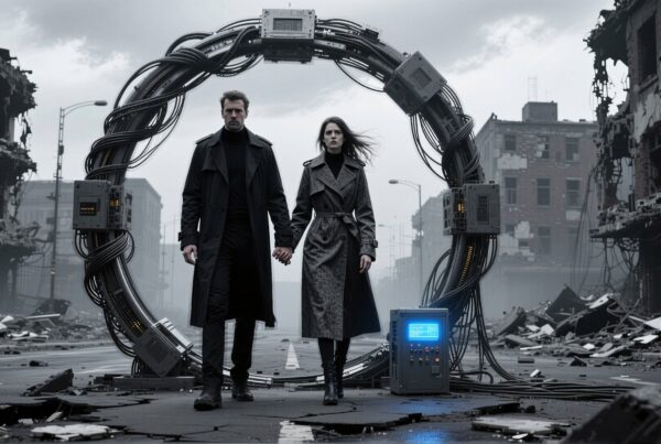 A man and woman stand in a desolate street with futuristic technology.