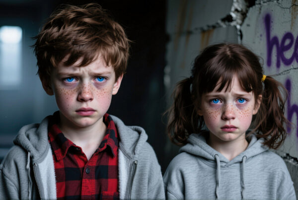 Sad siblings in rundown urban setting wearing hoodies