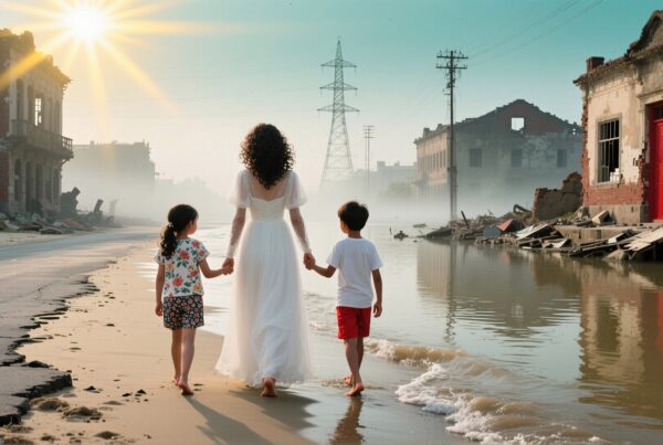 A woman and two children walk along a flooded, sunlit street between ruined buildings, capturing a scene of resilience and hope.