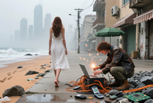 A barefoot woman walks on a misty beach beside a man repairing electronics.