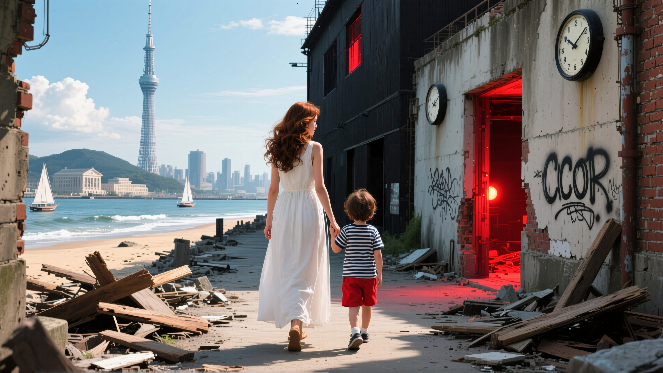 Mother and child walking through urban ruins