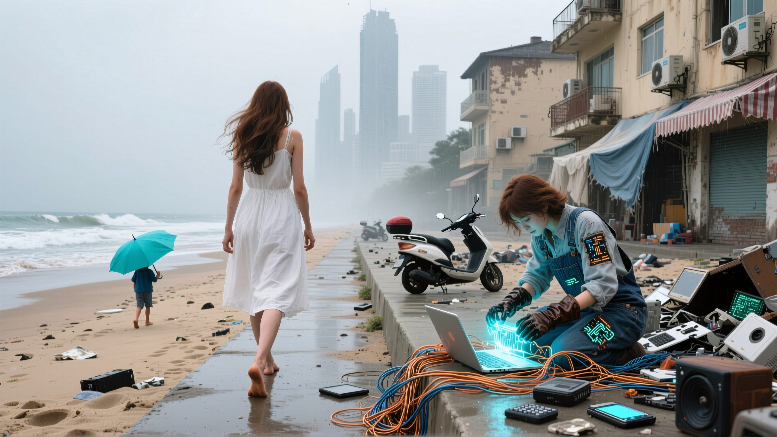 Misty Beach with Urban Encroachment