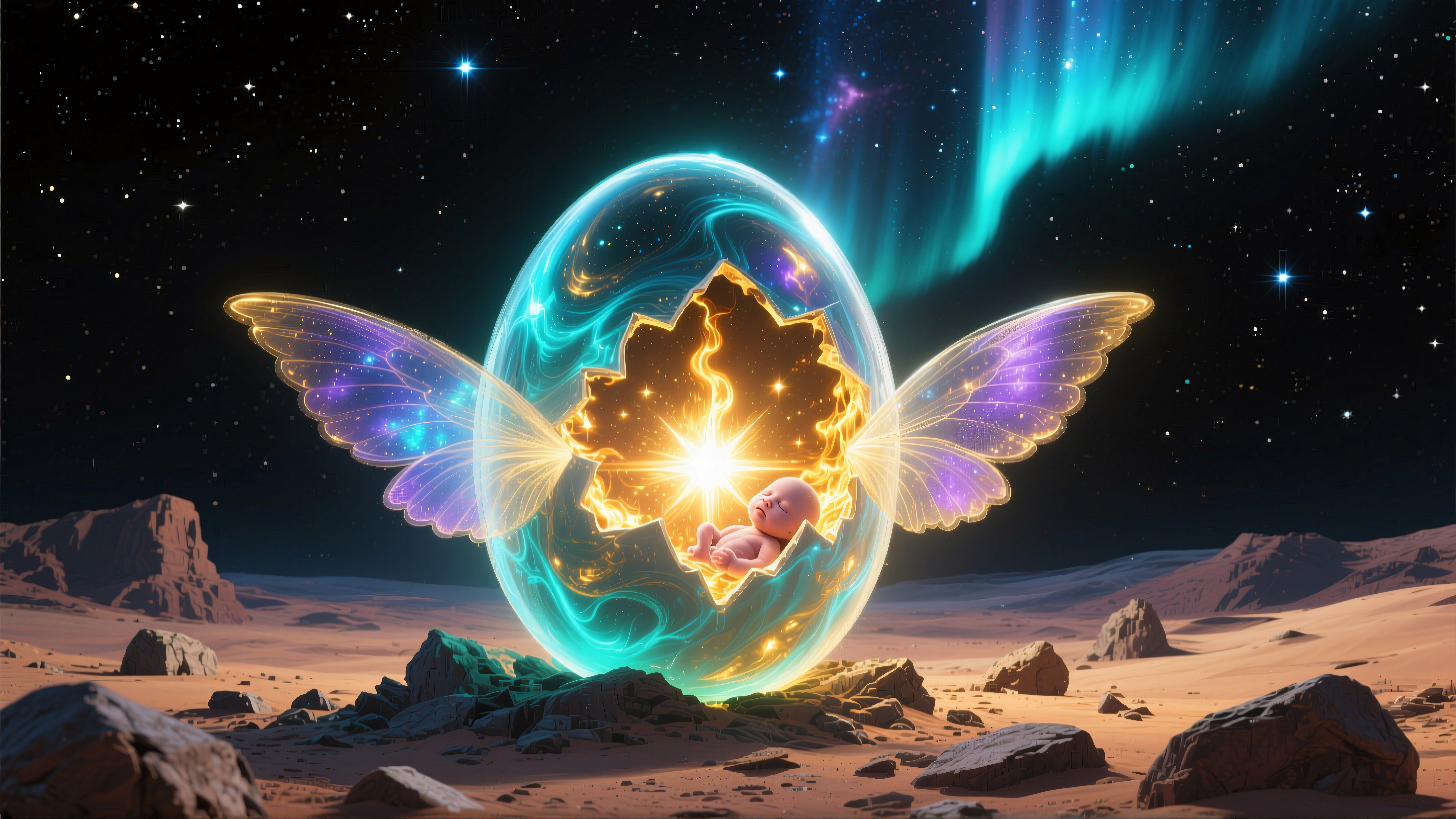 Cosmic Newborn in Glowing Egg