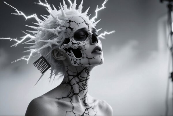 Woman with cracked skull and spiked hair posing dramatically in monochromatic artistic photo