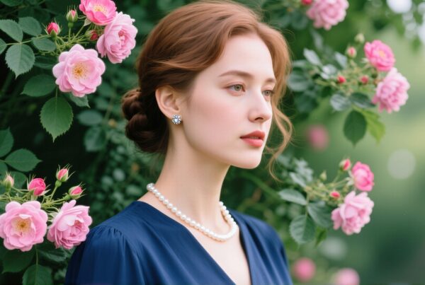 A graceful woman with auburn hair and a pearl necklace stands among vibrant pink roses, framed by lush green foliage.