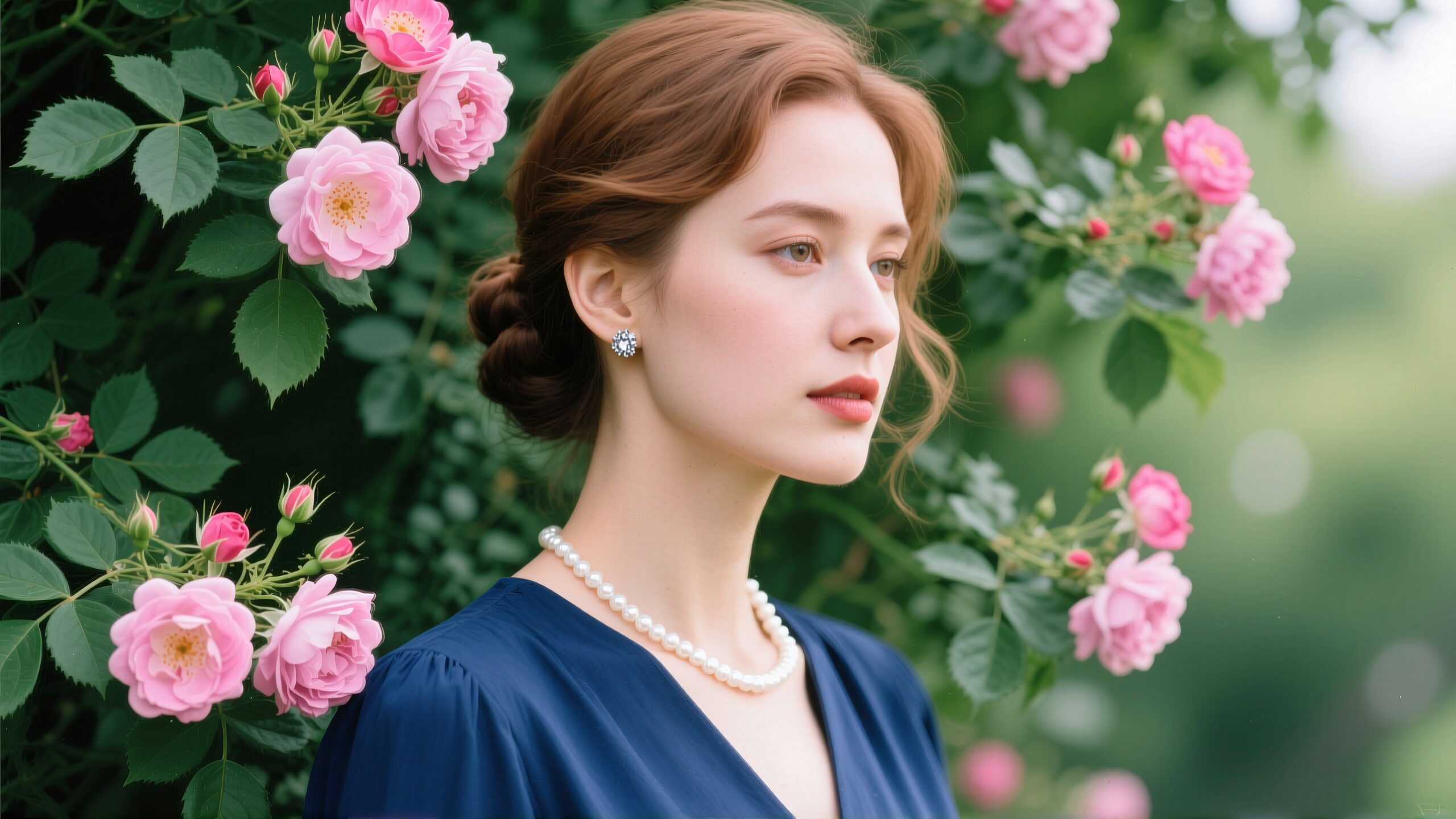 Elegant Woman Among Pink Roses