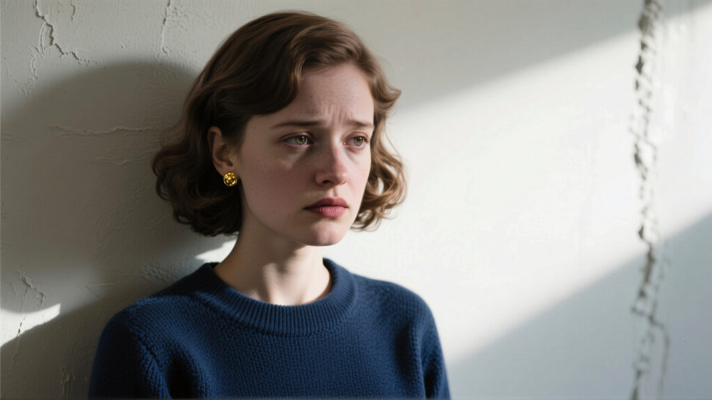 Contemplative Woman Against Sunlit Wall