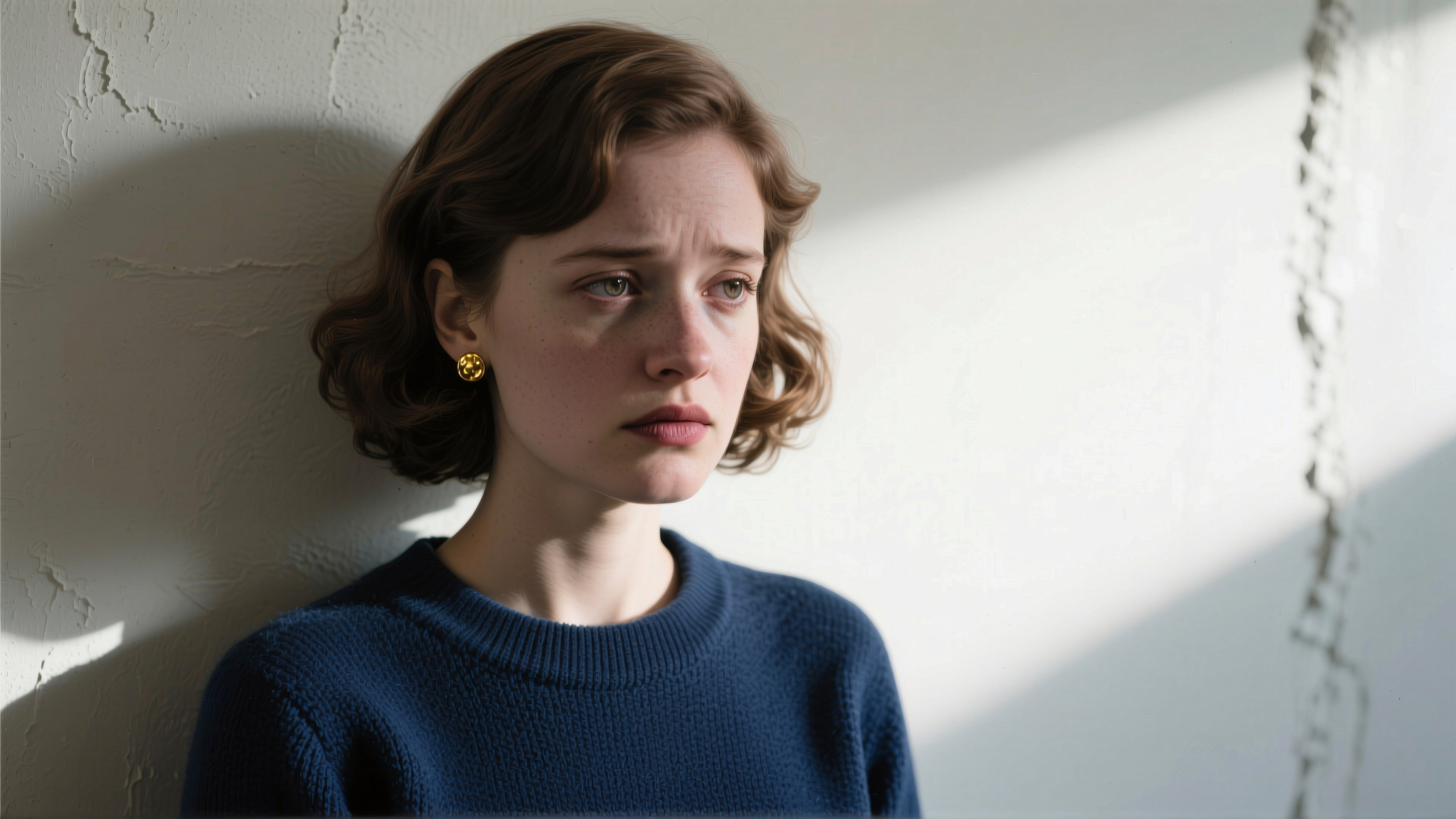 Contemplative Woman Against Sunlit Wall