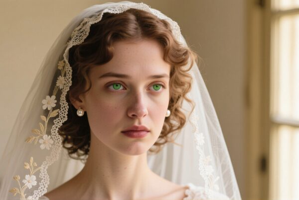 Portrait of a woman with a lace veil and green eyes, showcasing elegance.