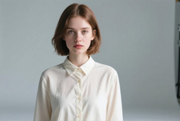 A serene young woman in a white shirt, facing forward against a soft gray backdrop.