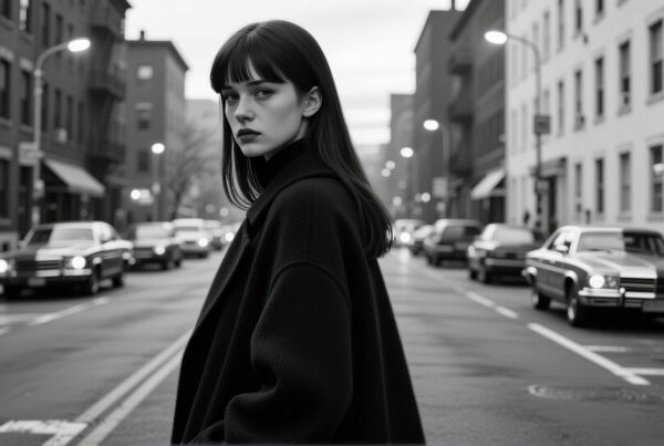 Black and white scene of a young woman standing in a vintage city street with classic cars and old buildings.