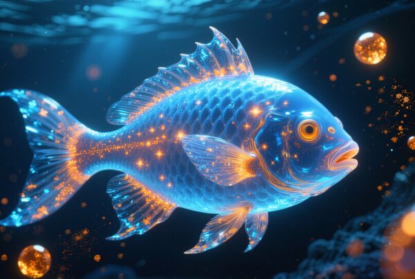 A glowing blue and orange fish swims through a dark, magical underwater scene amid luminous orbs.