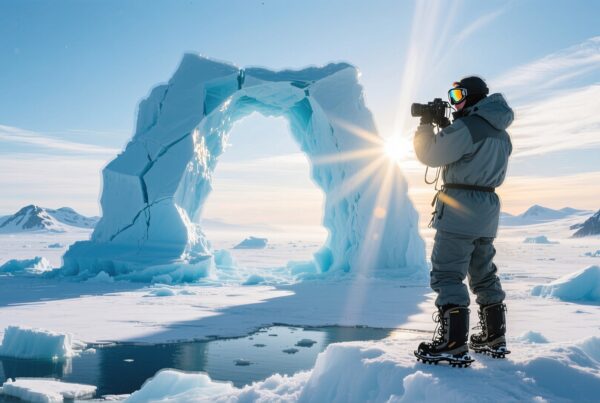 A photographer in Arctic gear captures a stunning natural ice arch against a sunlit snowy landscape.