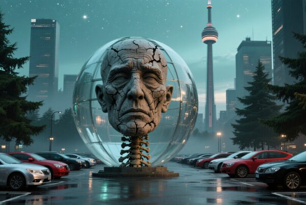 Futuristic sculpture in rainy urban parking lot.