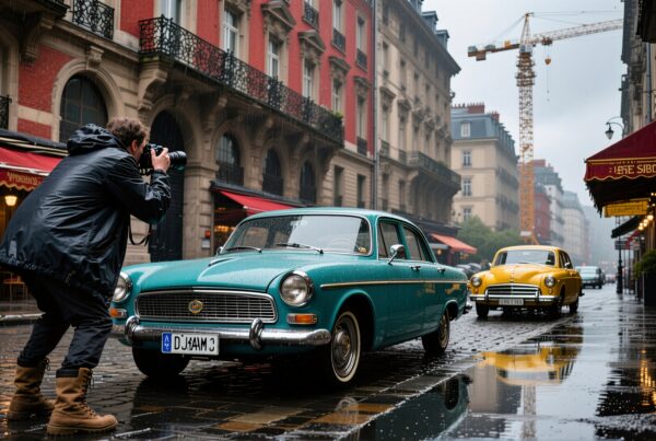 Vintage European street scene with teal vintage car and photographer in the rain.