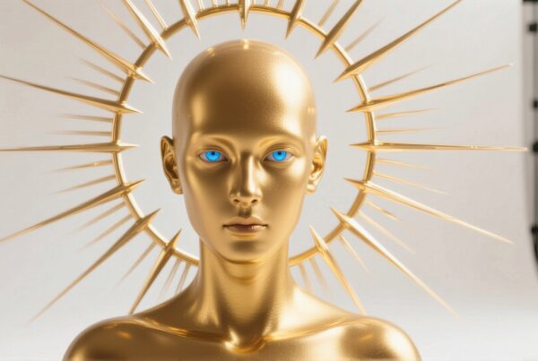 A golden sculpture with blue eyes and spiked halo.