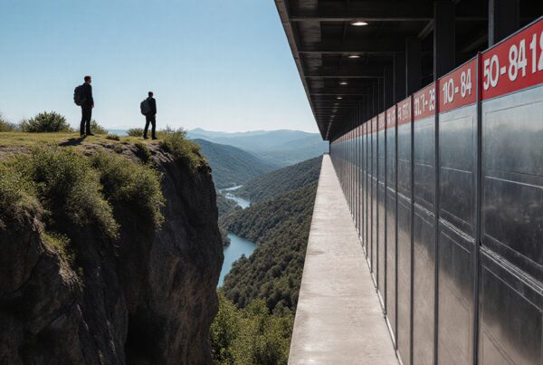 Two people stand on a cliff's edge beside a long, modern structure, looking out over a distant landscape of hills and a river.
