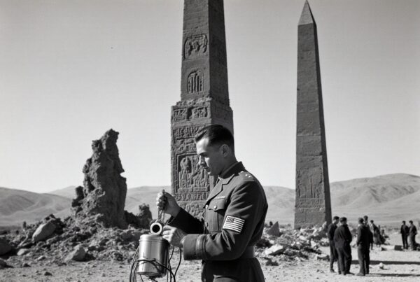 Military officer examines ruins at archaeological site with obelisks.