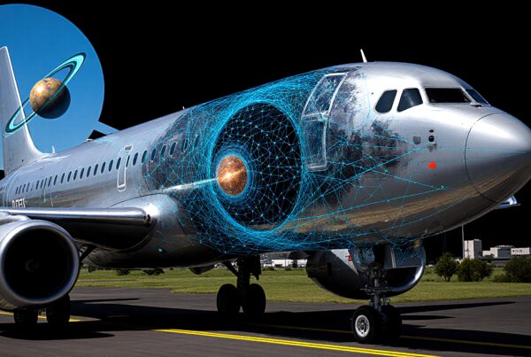 Futuristic airplane with cosmic overlay on runway.