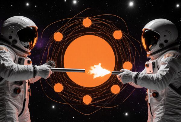 Two astronauts in space duel with fiery torches against a striking cosmic background.