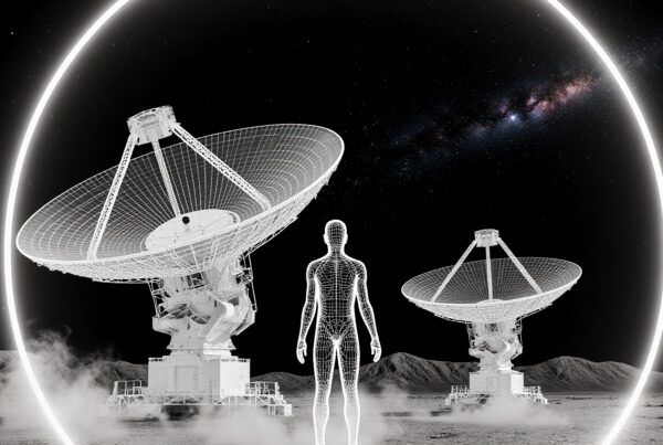 Futuristic scene with satellite dishes, human figure, and galaxy backdrop.