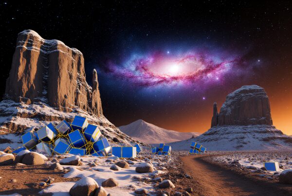 Surreal landscape with cubes, galaxy sky, snowy desert, twilight.
