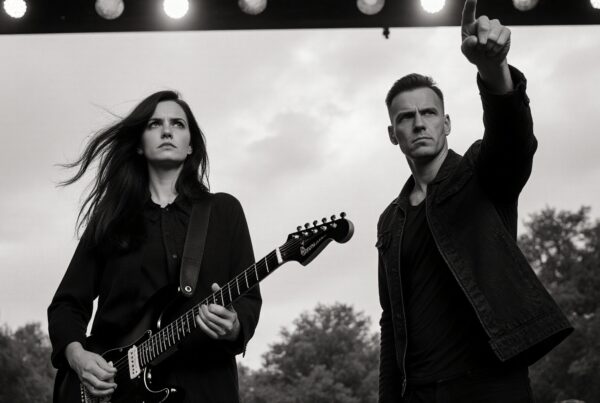 Black and white photo of two musicians, a woman with a guitar and a man pointing, on an outdoor stage.
