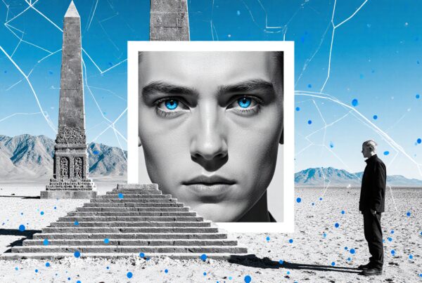 Surreal desert scene with obelisk, blue-eyed portrait, and observing man.